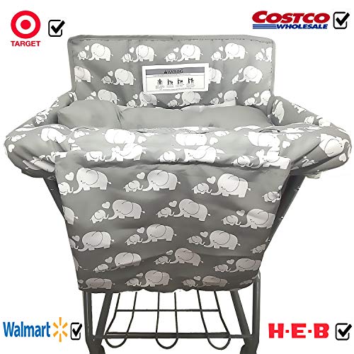 Soft Pillow Attached 2-in-1 Shopping Cart and High Chair Cover for Baby~Padded~Fold'n Roll Style~Portable with Free Carry Bag (Elephant)