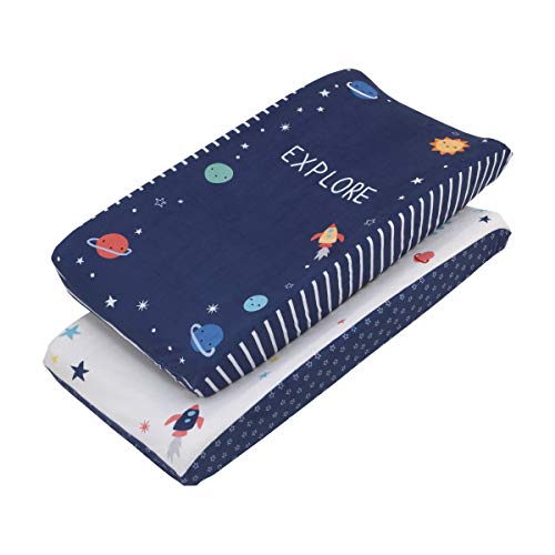 NoJo "Love You to The Moon" Navy & Multi Color Cosmic 2 Pack Super Soft Changing Pad Covers, Navy, White, Yellow, Orange