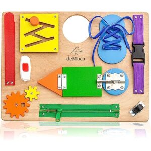 democa busy board for toddlers, montessori toy for 3 year old with 10 educational toddler activities to develop fine motor skills, learning wooden travel toy for plane and car journey