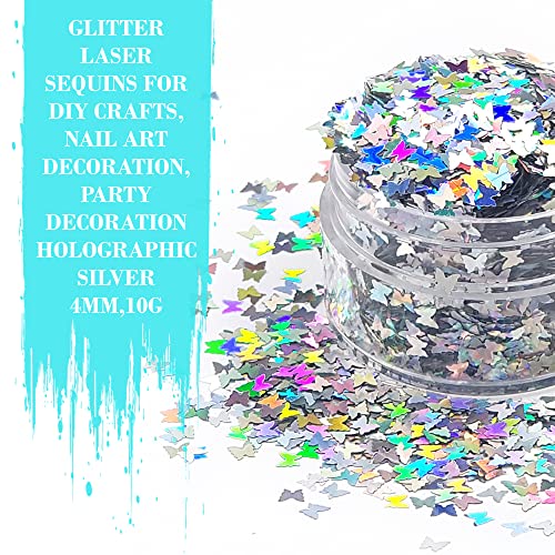 SKEMIX Butterfly Confetti Glitter Laser Sequins for DIY Crafts, Nail Art Decoration, Party Decoration - Holographic Silver, 4mm, 10g