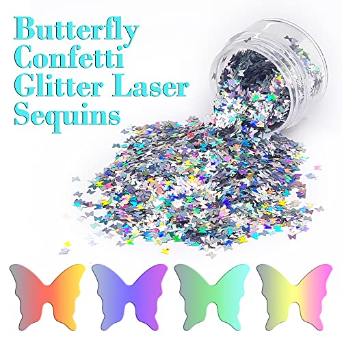 SKEMIX Butterfly Confetti Glitter Laser Sequins for DIY Crafts, Nail Art Decoration, Party Decoration - Holographic Silver, 4mm, 10g