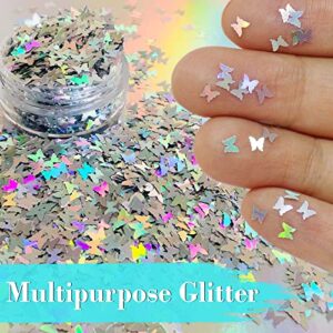 SKEMIX Butterfly Confetti Glitter Laser Sequins for DIY Crafts, Nail Art Decoration, Party Decoration - Holographic Silver, 4mm, 10g