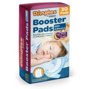 dimples booster pads, baby diaper doubler with adhesive - boosts diaper absorbency - no more leaks 30 count (with adhesive for secure fit) … (30 count)