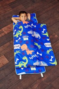 everyday kids nap mat with removable pillow - roarin' dinos - carry handle with straps closure, rollup design, soft microfiber for preschool, daycare, travel sleeping bag - ages 3-6 years
