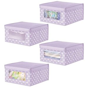 mdesign medium soft stackable fabric baby nursery storage organizer holder bin box with front window and lid for child/kids bedroom, playroom, classroom - 4 pack, light wisteria purple/white polka dot