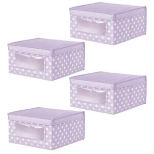 mDesign Medium Soft Stackable Fabric Baby Nursery Storage Organizer Holder Bin Box with Front Window and Lid for Child/Kids Bedroom, Playroom, Classroom - 4 Pack, Light Wisteria Purple/White Polka Dot