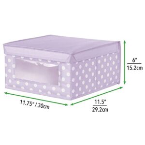 mDesign Medium Soft Stackable Fabric Baby Nursery Storage Organizer Holder Bin Box with Front Window and Lid for Child/Kids Bedroom, Playroom, Classroom - 4 Pack, Light Wisteria Purple/White Polka Dot