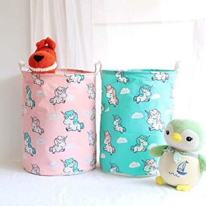 unibedding 2 pack canvas storage baskets large unicorn storage hampers for girls kids room baby nursery collapsible convenient home organizer containers, pink teal blue