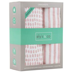ely's & co. patent pending waterproof crib sheet | toddler sheet no need for crib mattress pad cover or protector i mauve pink splash and stripes