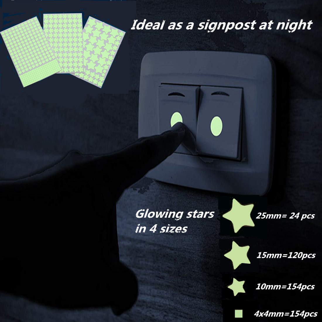 Aooyaoo Glow in The Dark Stars Wall Stickers, Glowing Stars for Ceiling and Wall Decals, 3D Glowing Stars,Excluding The Moon，Perfect for Kids Bedding Room or Party Birthday Gift(452Pcs, Green)