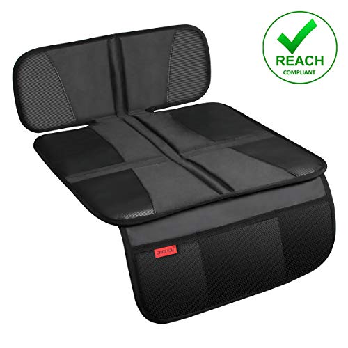 Kaiphy Car Seat Protector - Seat Protection Mat - Thick Padding - Durable, Waterproof Fabric, Leather Reinforced Corners & 3 Pockets for Handy Storage Black