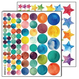 coobbar 147 count multi size polka wall decals, peel and stick wall stickers, rainbow wall decals for kids room, living room, bedroom(round and star)