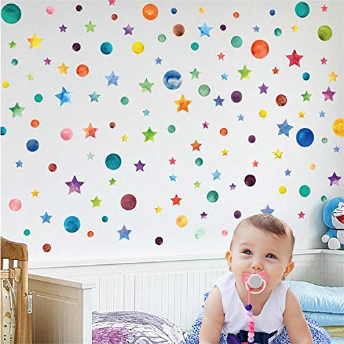 Coobbar 147 Count Multi Size Polka Wall Decals, Peel and Stick Wall Stickers, Rainbow Wall Decals for Kids Room, Living Room, Bedroom(Round and Star)