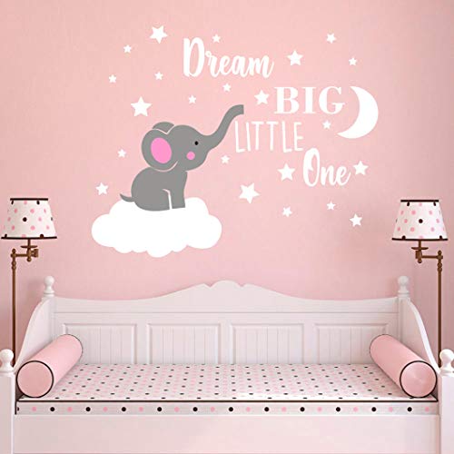 Dream Big Little One Elephant Wall Decal, Quote Wall Stickers, Baby Room Wall Decor, Vinyl Wall Decals for Children Baby Kids Boy Girl Bedroom Nursery Decor Y42 (Soft Pink, White(Girl))