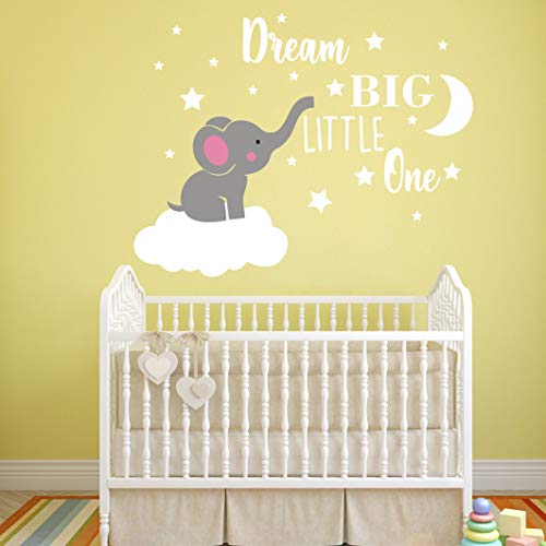 Dream Big Little One Elephant Wall Decal, Quote Wall Stickers, Baby Room Wall Decor, Vinyl Wall Decals for Children Baby Kids Boy Girl Bedroom Nursery Decor Y42 (Soft Pink, White(Girl))