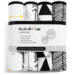 BaeBae Goods Swaddle Blanket, Adjustable Infant Baby Swaddling Wrap Set of 4, Baby Swaddling Wrap Blankets for Boys and Girls Made in Soft Cotton (0-3 Months, Black/Grey Triangles)