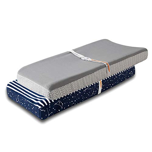 Changing Pad Cover 2 Pack, Comfort Fleece Changing Table Cover Boys Girls, Ultra Soft Breathable 32"/34''x16" Changing Pad Sheets - Blue Stars & Grey Stripe