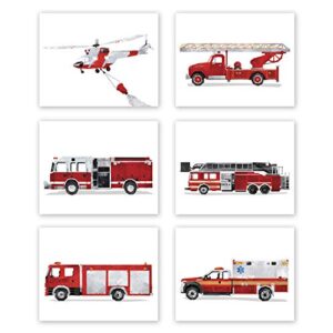 Fire Truck Decor - Set of 6 Prints // Firetruck Nursery Posters // Fire Engine Birthday Party Decoration // Transportation Wall Art for Boy Toddler Bedroom Picture // Ambulance // Rescue (8x10, Set 6)