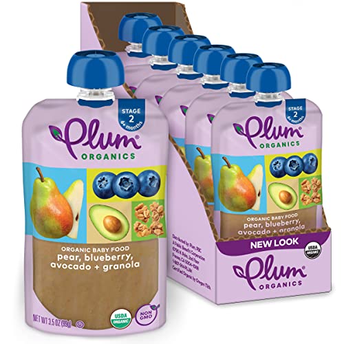 Plum Organics | Stage 2 | Organic Baby Food Meals [6+ Months] | Pear, Blueberry, Avocado & Granola | 3.5 Ounce Pouch (Pack Of 6) Packaging May Vary