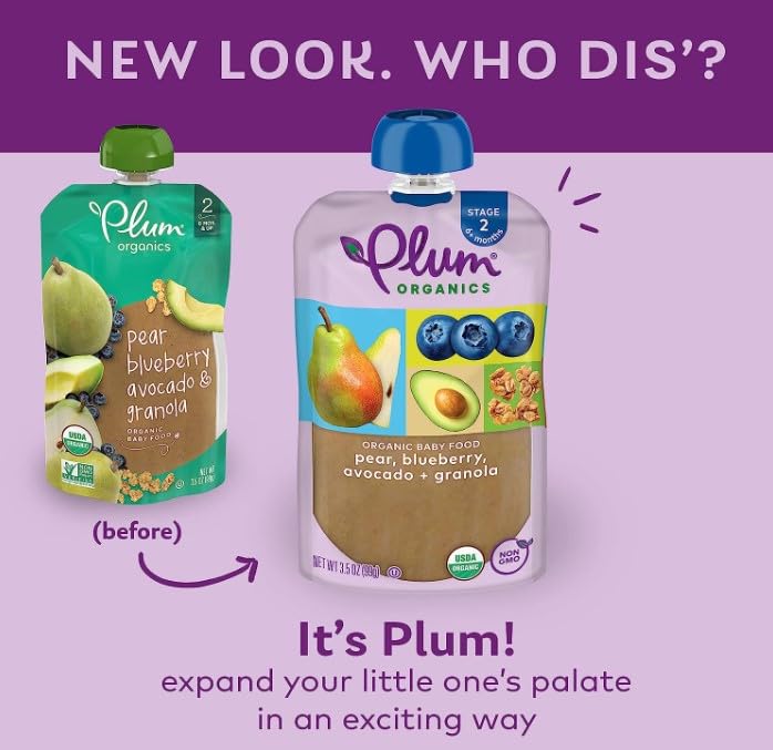 Plum Organics | Stage 2 | Organic Baby Food Meals [6+ Months] | Pear, Blueberry, Avocado & Granola | 3.5 Ounce Pouch (Pack Of 6) Packaging May Vary