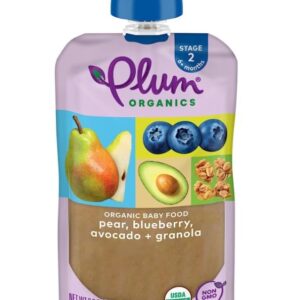 Plum Organics | Stage 2 | Organic Baby Food Meals [6+ Months] | Pear, Blueberry, Avocado & Granola | 3.5 Ounce Pouch (Pack Of 6) Packaging May Vary