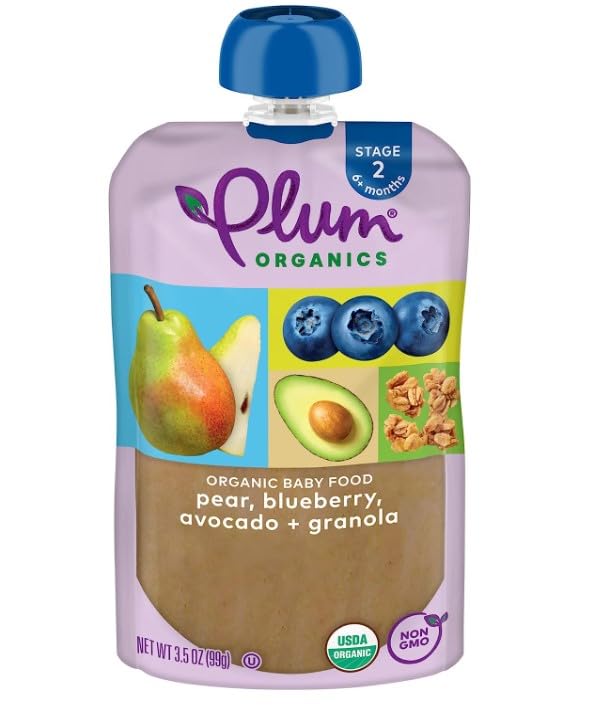 Plum Organics | Stage 2 | Organic Baby Food Meals [6+ Months] | Pear, Blueberry, Avocado & Granola | 3.5 Ounce Pouch (Pack Of 6) Packaging May Vary