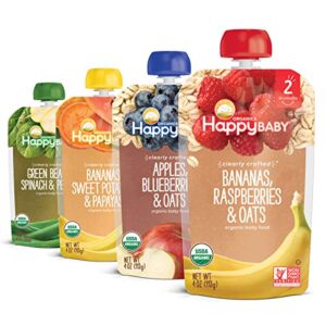 happy baby organics stage 2 baby food pouches, gluten free, vegan & healthy snack, clearly crafted fruit & veggie puree, fruit & veggie variety pack, 4 ounces (pack of 16)