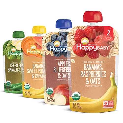 Happy Baby Organics Stage 2 Baby Food Pouches, Gluten Free, Vegan & Healthy Snack, Clearly Crafted Fruit & Veggie Puree, Fruit & Veggie Variety Pack, 4 Ounces (Pack of 16)