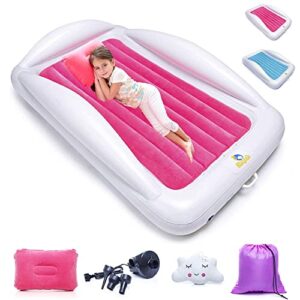 sleepah inflatable toddler travel bed – inflatable & portable bed air mattress set –blow up mattress for kids with high safety bed rails. set includes pump, case, pillow & plush (coral)