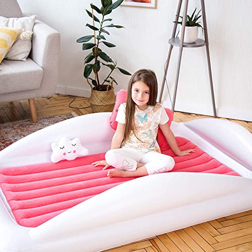 Sleepah Inflatable Toddler Travel Bed – Inflatable & Portable Bed Air Mattress Set –Blow up Mattress for Kids with High Safety Bed Rails. Set Includes Pump, Case, Pillow & Plush (Coral)