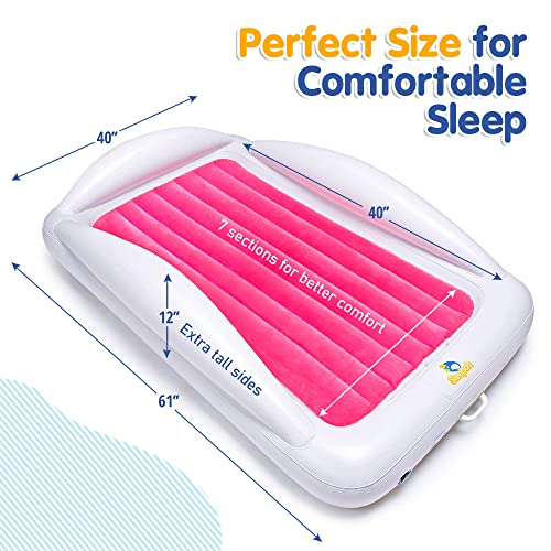 Sleepah Inflatable Toddler Travel Bed – Inflatable & Portable Bed Air Mattress Set –Blow up Mattress for Kids with High Safety Bed Rails. Set Includes Pump, Case, Pillow & Plush (Coral)