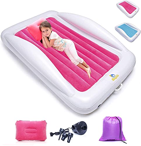 Sleepah Inflatable Toddler Travel Bed – Inflatable & Portable Bed Air Mattress Set –Blow up Mattress for Kids with High Safety Bed Rails. Set Includes Pump, Case, Pillow & Plush (Coral)