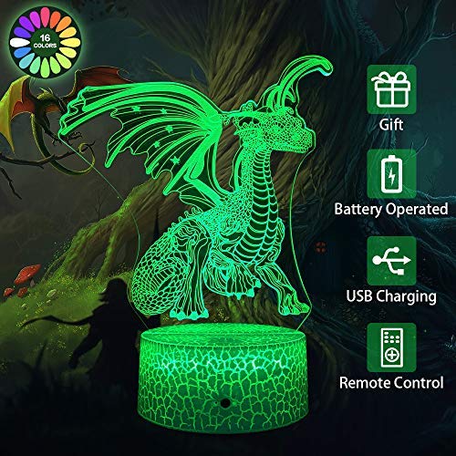 Fanmin Dragon 3D Optical Illusion Kids Lamp 3D Night Light Bedside Lamp 16 Colors with Remote Dragon Toys as a Perfect Birthday for Boys and Girls