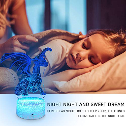 Fanmin Dragon 3D Optical Illusion Kids Lamp 3D Night Light Bedside Lamp 16 Colors with Remote Dragon Toys as a Perfect Birthday for Boys and Girls