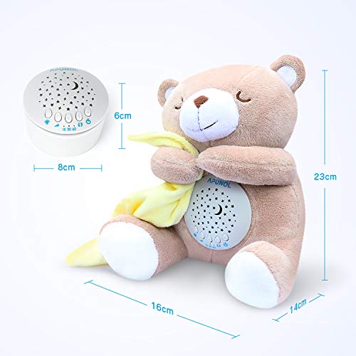 Apunol Baby Sleep Soother, White Noise Sound Machine Projector Night Light, Portable Stuffed Teddy Baby Gifts Bear Toy with 18 Soothing Sounds, Auto-Off Timer, Cry Sensor for Kids