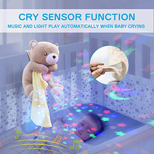 Apunol Baby Sleep Soother, White Noise Sound Machine Projector Night Light, Portable Stuffed Teddy Baby Gifts Bear Toy with 18 Soothing Sounds, Auto-Off Timer, Cry Sensor for Kids