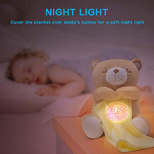 Apunol Baby Sleep Soother, White Noise Sound Machine Projector Night Light, Portable Stuffed Teddy Baby Gifts Bear Toy with 18 Soothing Sounds, Auto-Off Timer, Cry Sensor for Kids