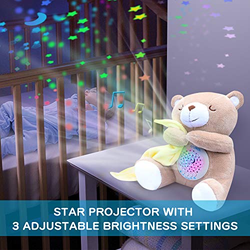 Apunol Baby Sleep Soother, White Noise Sound Machine Projector Night Light, Portable Stuffed Teddy Baby Gifts Bear Toy with 18 Soothing Sounds, Auto-Off Timer, Cry Sensor for Kids