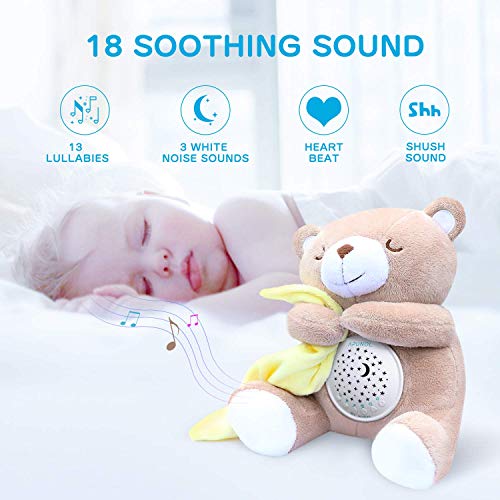 Apunol Baby Sleep Soother, White Noise Sound Machine Projector Night Light, Portable Stuffed Teddy Baby Gifts Bear Toy with 18 Soothing Sounds, Auto-Off Timer, Cry Sensor for Kids