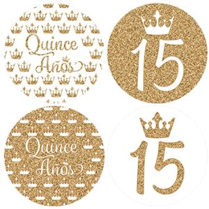 quinceanera party favor stickers - 1.75 in - 40 labels (white and gold)