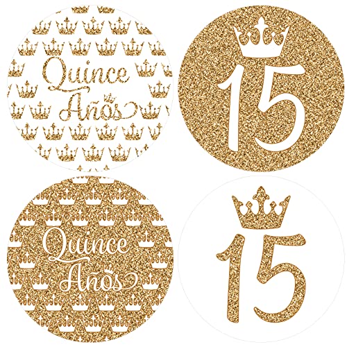 Quinceanera Party Favor Stickers - 1.75 in - 40 Labels (White and Gold)