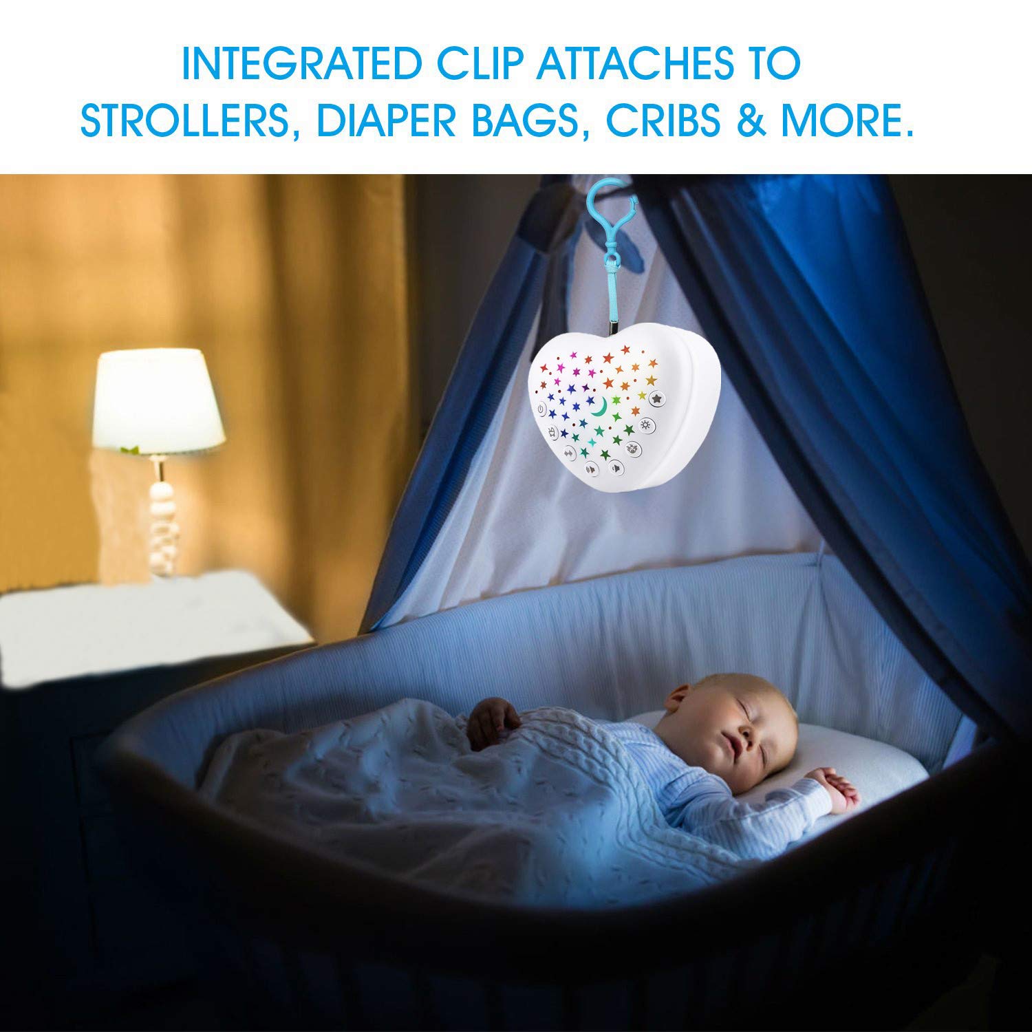 BEREST A13 White Noise Machine & Baby Sleep Soother with 15 Soothing Sounds & Projector Star Night Light, Cry Sensor, Rechargeable Lithium Battery, Portable for Baby, Toddlers, Attaches to Crib