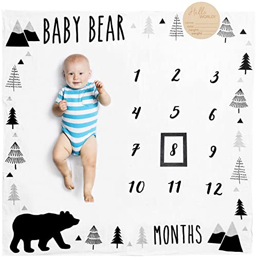 Pondering Pine Organic Baby Monthly Milestone Blanket Boy - Baby Bear Blanket Months with Frame and Newborn Announcement Disc - Baby Boy Age Blanket for 1-12 Month Milestones, 47”x47”