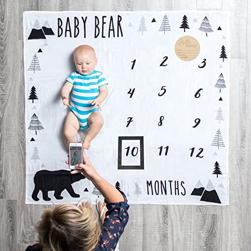 Pondering Pine Organic Baby Monthly Milestone Blanket Boy - Baby Bear Blanket Months with Frame and Newborn Announcement Disc - Baby Boy Age Blanket for 1-12 Month Milestones, 47”x47”