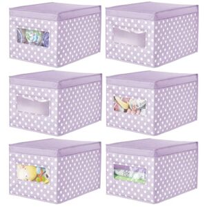 mdesign large soft stackable fabric baby nursery storage organizer holder bin box with front window and lid for child/kids bedroom, playroom, classroom - 6 pack, light wisteria purple/white polka dot