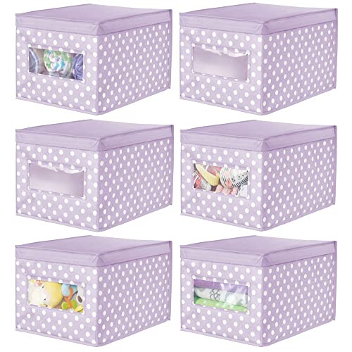 mDesign Large Soft Stackable Fabric Baby Nursery Storage Organizer Holder Bin Box with Front Window and Lid for Child/Kids Bedroom, Playroom, Classroom - 6 Pack, Light Wisteria Purple/White Polka Dot