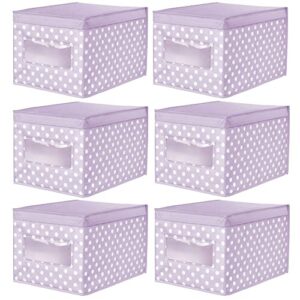 mDesign Large Soft Stackable Fabric Baby Nursery Storage Organizer Holder Bin Box with Front Window and Lid for Child/Kids Bedroom, Playroom, Classroom - 6 Pack, Light Wisteria Purple/White Polka Dot
