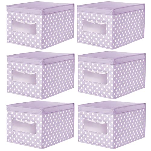 mDesign Large Soft Stackable Fabric Baby Nursery Storage Organizer Holder Bin Box with Front Window and Lid for Child/Kids Bedroom, Playroom, Classroom - 6 Pack, Light Wisteria Purple/White Polka Dot