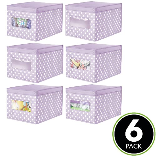 mDesign Large Soft Stackable Fabric Baby Nursery Storage Organizer Holder Bin Box with Front Window and Lid for Child/Kids Bedroom, Playroom, Classroom - 6 Pack, Light Wisteria Purple/White Polka Dot