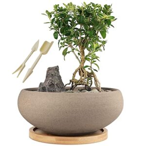 muzhi round unglazed ceramic bonsai pot with bamboo tray, large rough pottery succulent planter with drainage hole 8 inch …